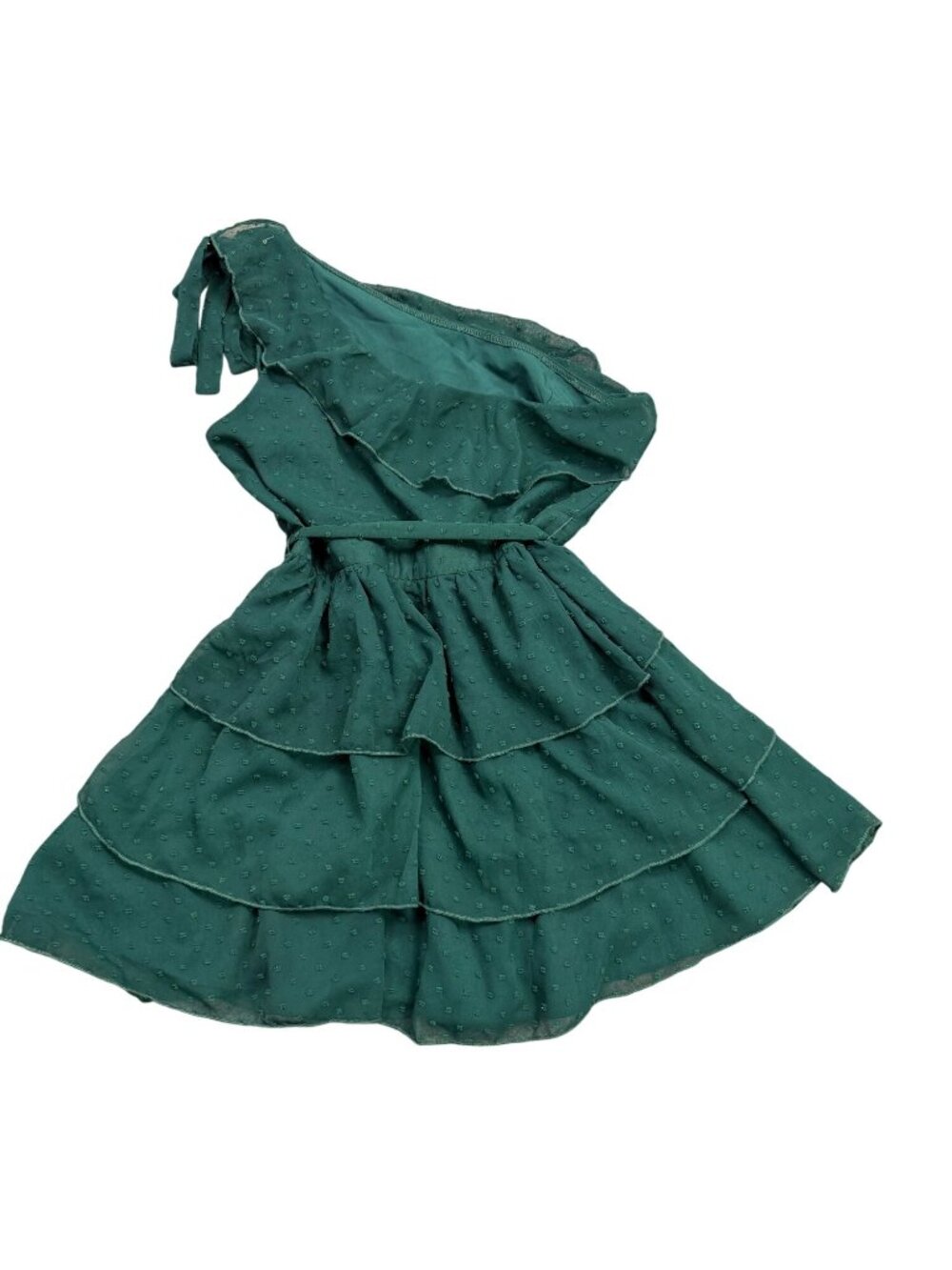 Showpo Womens Green One-Shoulder Tiered Mini Dress Ruffled & Belted Size 12 - Picture 3 of 7